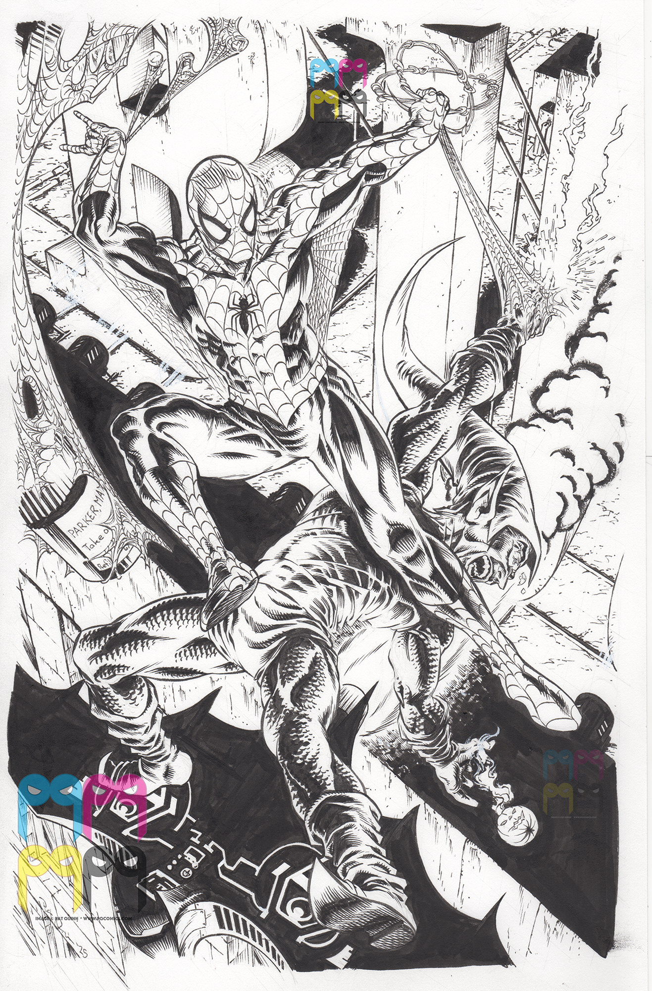 Black and white comic style illustration of Spider-Man swinging through the city, fighting a large dragon in the background, with smoke and debris around.
