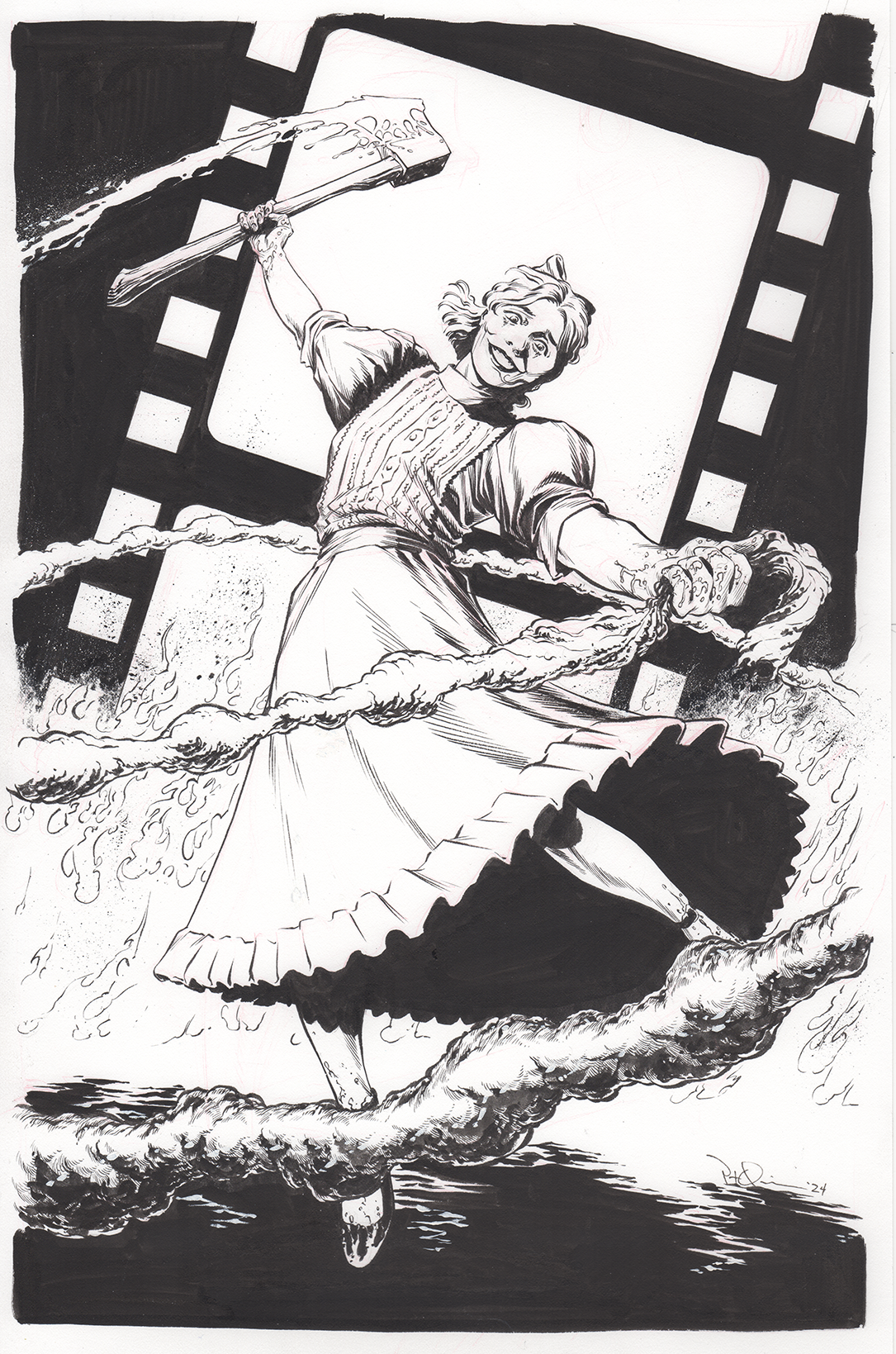 A black and white illustration of a woman in a dress, holding an umbrella, standing on a swirling cloud with ropes, surrounded by a film strip background.