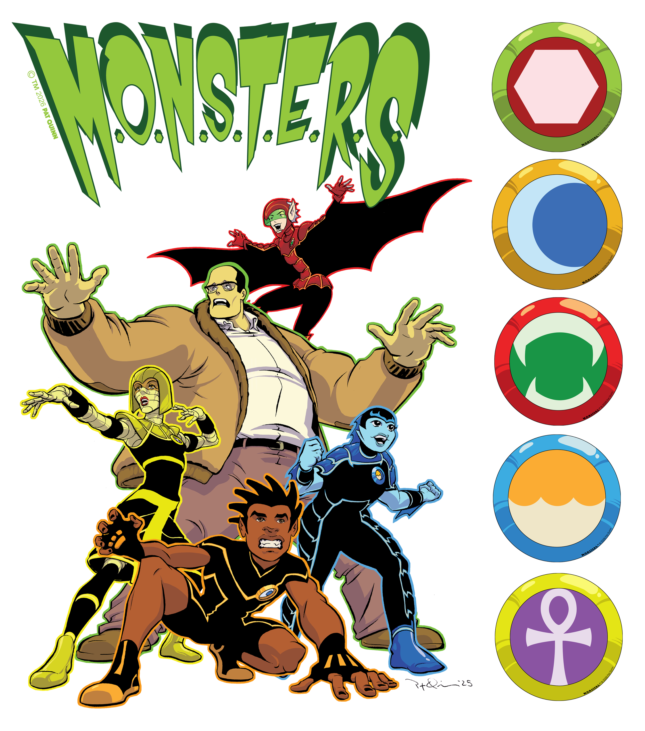 M.O.N.S.T.E.R.S. sticker pack - 3" cover sticker and 5, 2" diameter character button stickers