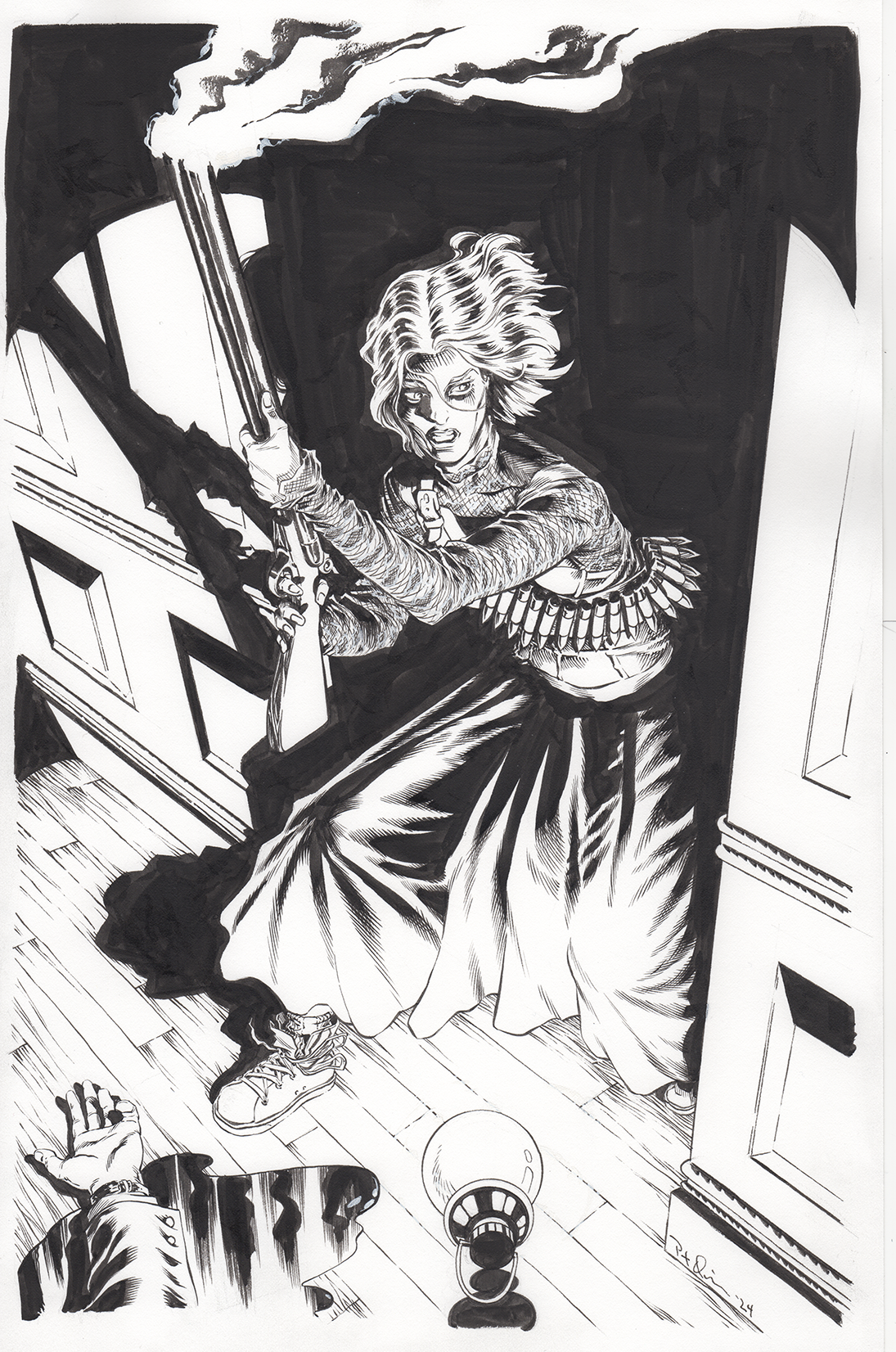 Black and white illustration of a woman with curly hair, wearing a bandolier and pants, aiming a gun from a doorway, looking intense. A hand and wrist in a sleeve are visible in the foreground, along with a lightbulb on the floor and smoke coming fro