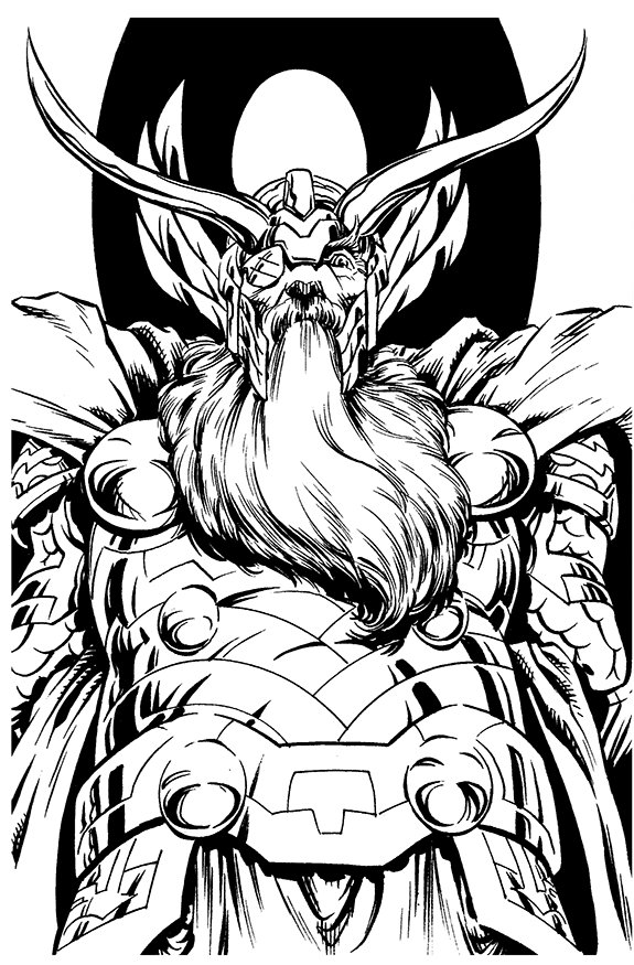 Black and white illustration of a fierce warrior with a long beard, wearing a horned helmet, and armor, with a large shield or emblem in the background.
