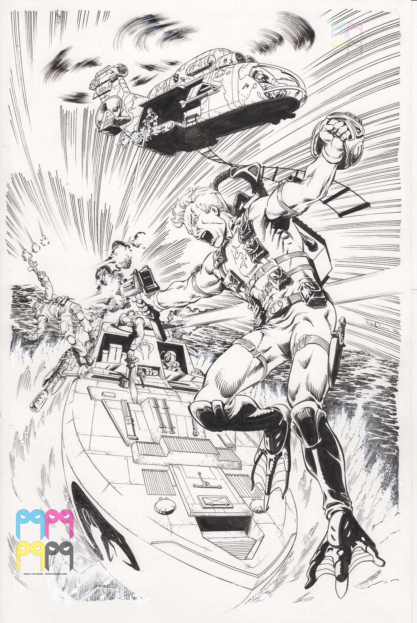 Black and white comic-style illustration of a heroic soldier at the front of a spaceship, holding a gun and in combat with enemies, with the spaceship flying above over a landscape