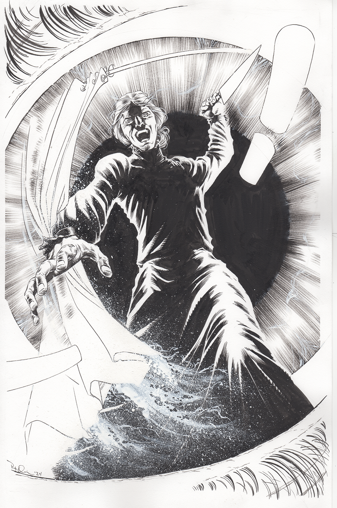 A black and white illustration of a woman with short hair, visibly distressed, reaching into a large eye, with water splashing below. The eye frames the scene, and the woman appears to be struggling or in despair.