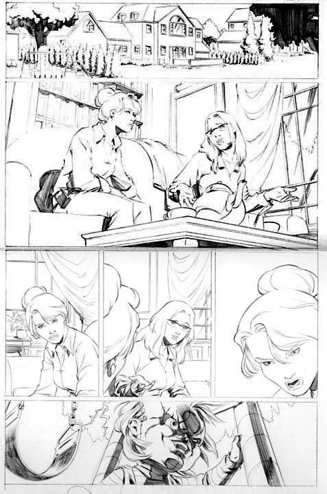 Comic-style illustration depicting two women in a room, appearing to have a serious conversation, with a background of a suburban neighborhood.
