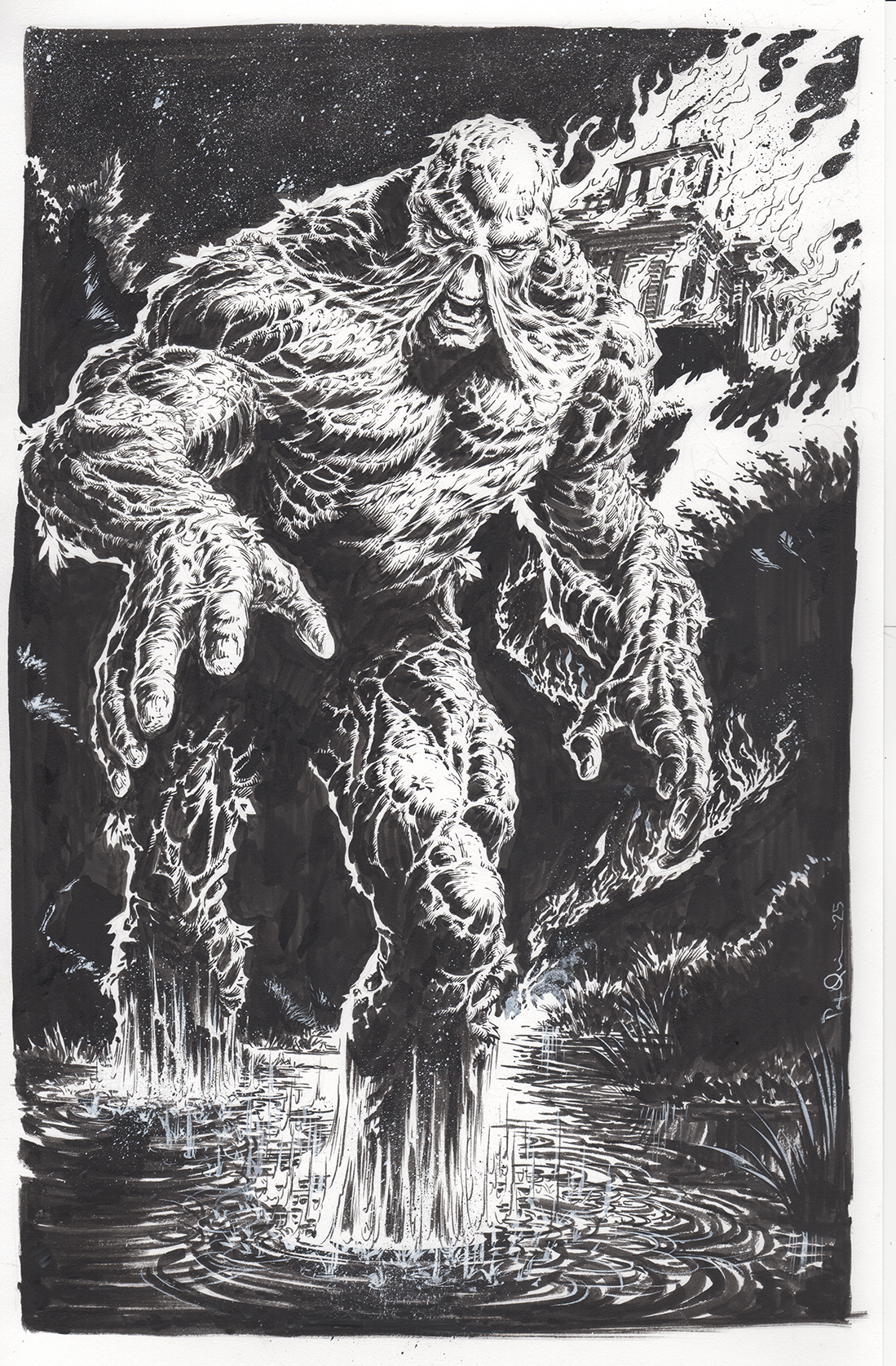 A black and white illustration of a giant creature with three eyes, sharp claws, and a reptilian appearance emerging from water amidst destruction, with a burning building in the background.