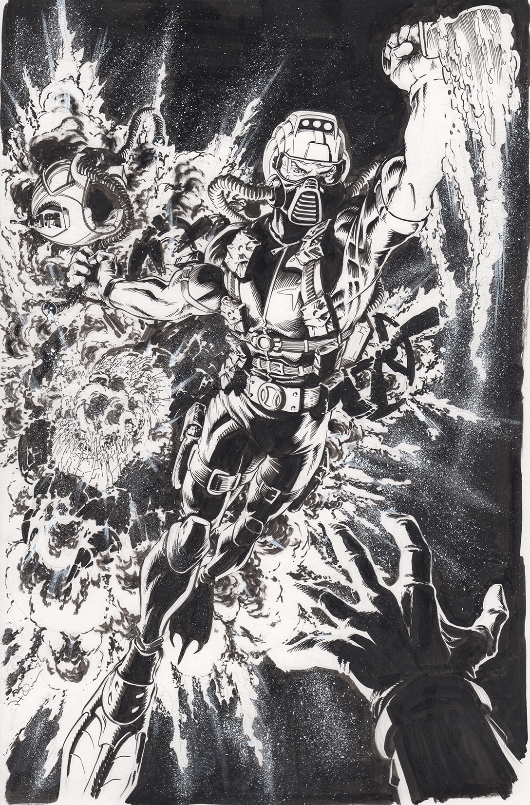 Black and white comic book style illustration of a person in space gear and a helmet, floating in space among explosions, debris, and asteroid-like objects, reaching out with one hand.
