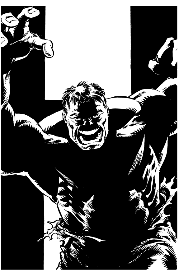 Black and white illustration of a muscular man smashing through a wall, with an aggressive facial expression.