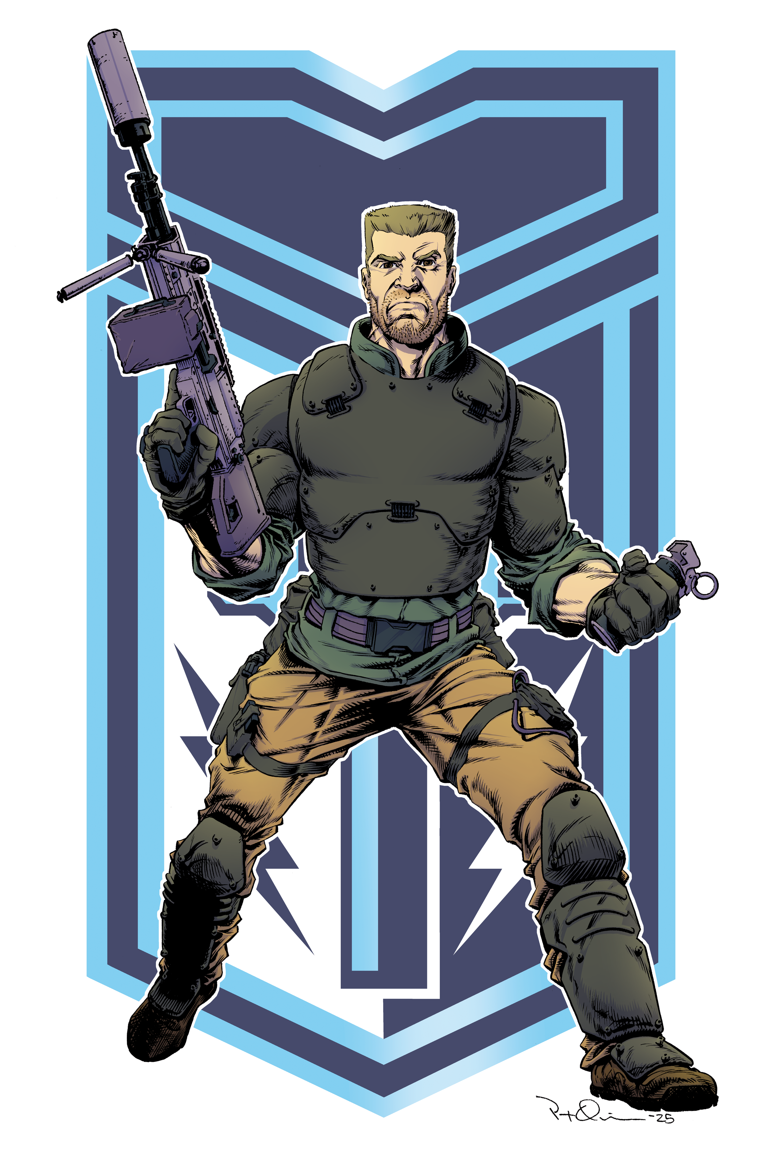 A comic book illustration of a muscular man in military gear holding a sniper rifle. He has a serious expression and is standing in front of a stylized, geometric background featuring a shield and lightning bolt design.