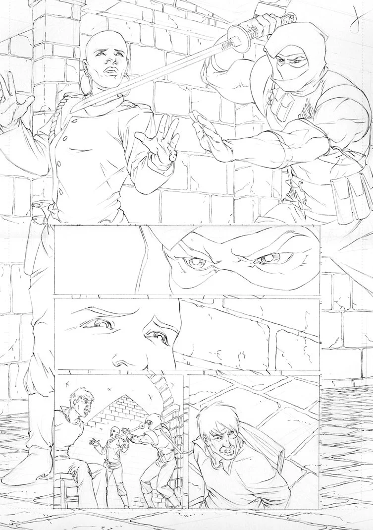 Comic-style scene depicting a fight with a woman wielding a katana defending against a masked attacker with a gun, others involved in a brawl in a brick-walled alley. G.I.Joe comic book page featuring Stormshadow. Drawn by Pat Quinn