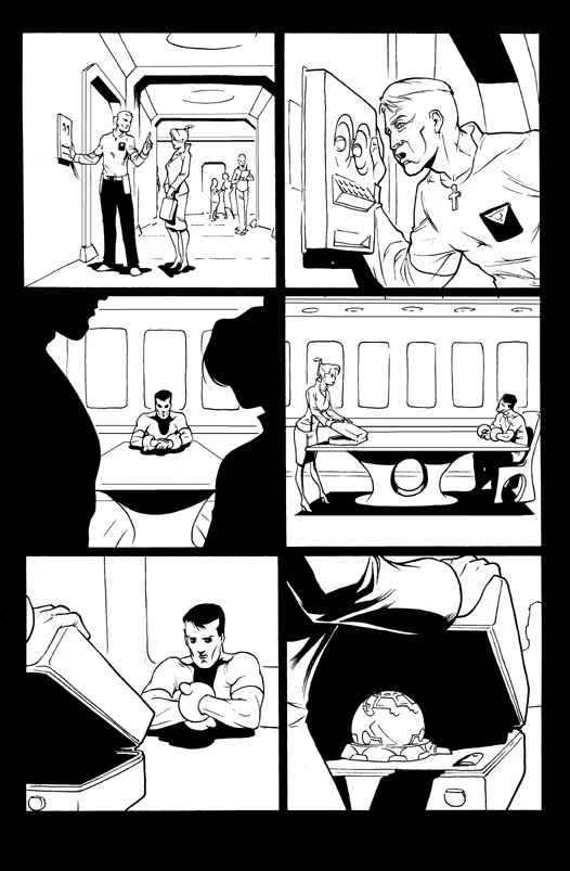 Comic strip depicting characters in a science fiction setting, with scenes of technical discussions, meditation, chatting at a table, and examining a globe at a computer.