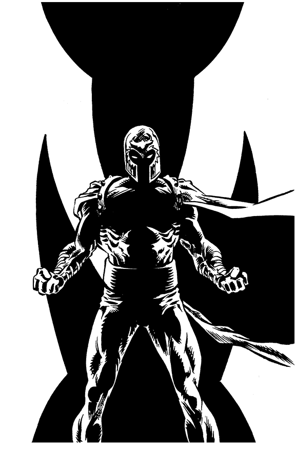 A muscular superhero wearing a helmet and a cape, standing with clenched fists, with a dark bat-shaped symbol behind him.