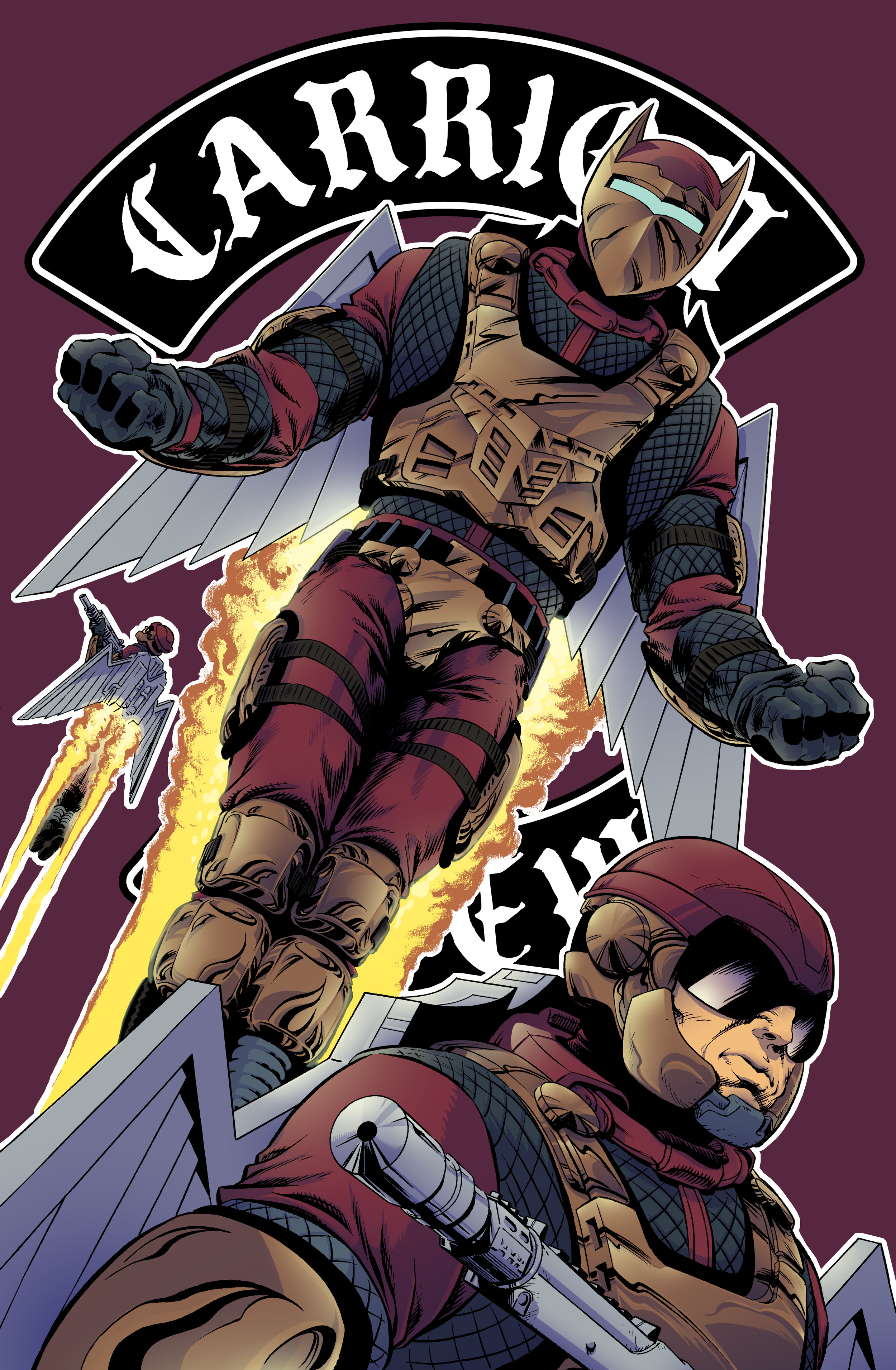 Comic book style illustration of a muscular soldier with a helmet, armor, and a large gun, flying with rocket thrusters, with a bold banner reading 'CARNAGE' in the background.