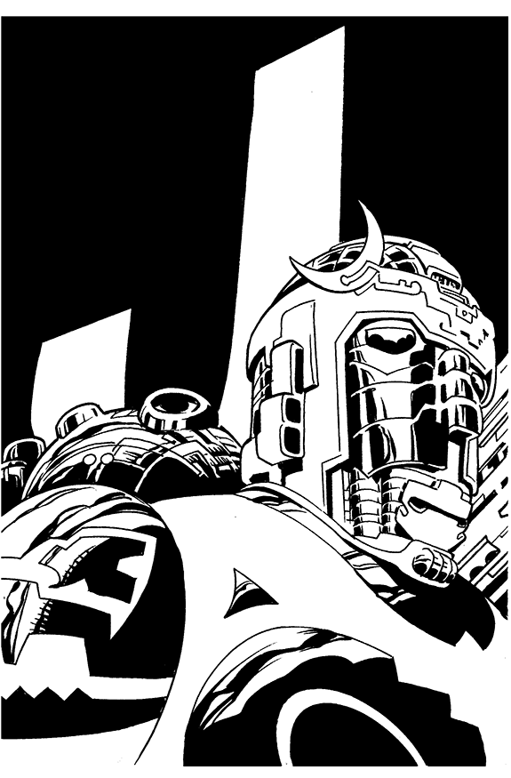 Black and white illustration of a large robot with futuristic and mechanical design, looking upward towards the sky.