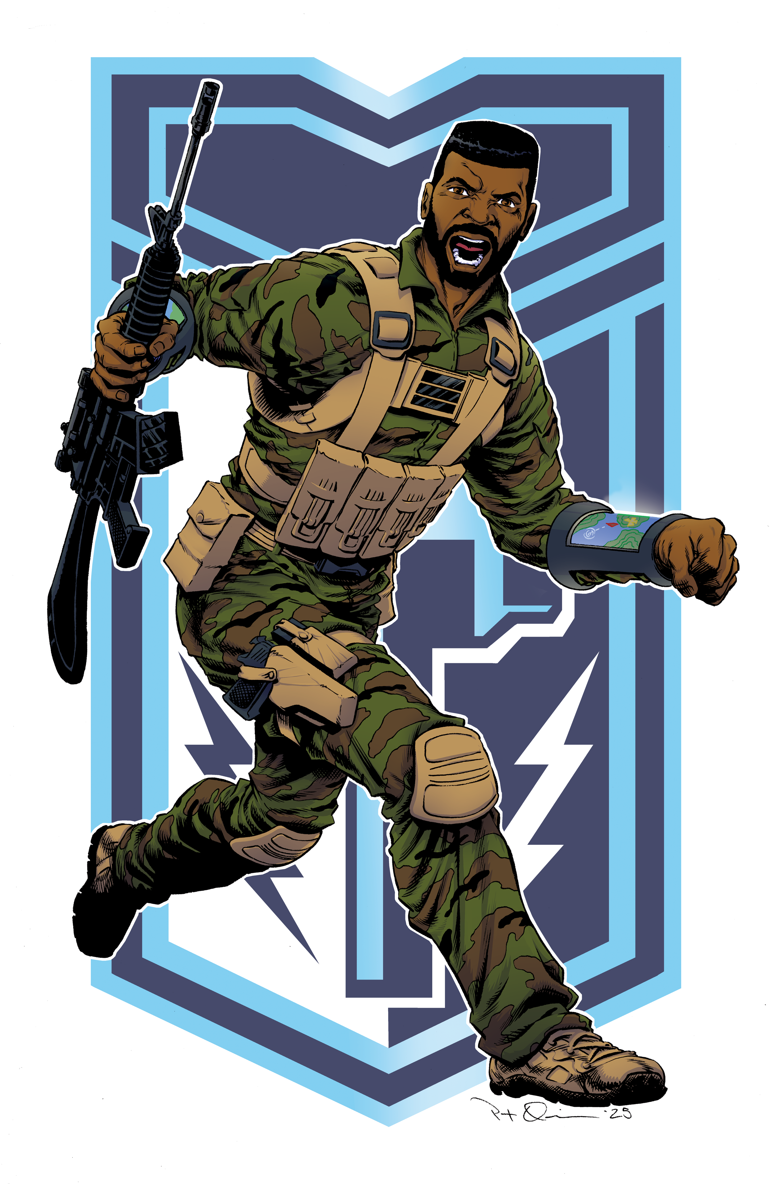 A comic-style illustration of a soldier in camouflage uniform, holding a rifle, with a fierce expression, against a background featuring the Black Panther logo.