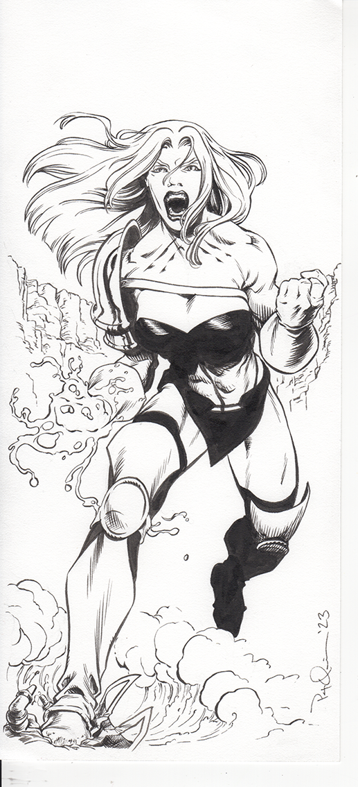 Black and white ink drawing of a woman with long flowing hair, dressed in a superhero costume, with a fierce expression, clenched fists, and a powerful stance, standing on a rocky and smoky landscape.