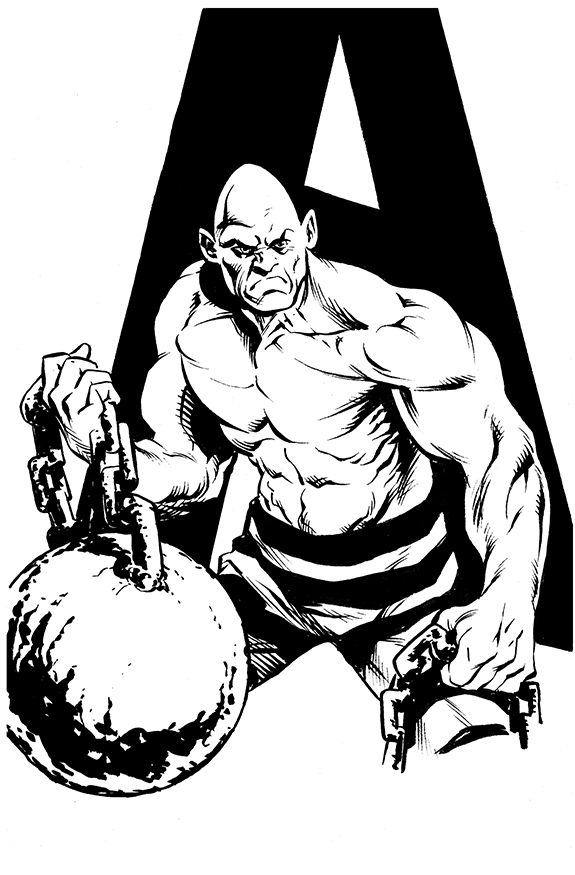 Black and white illustration of a muscular, angry man with a bald head, holding broken chains and a large ball with a burning fuse.