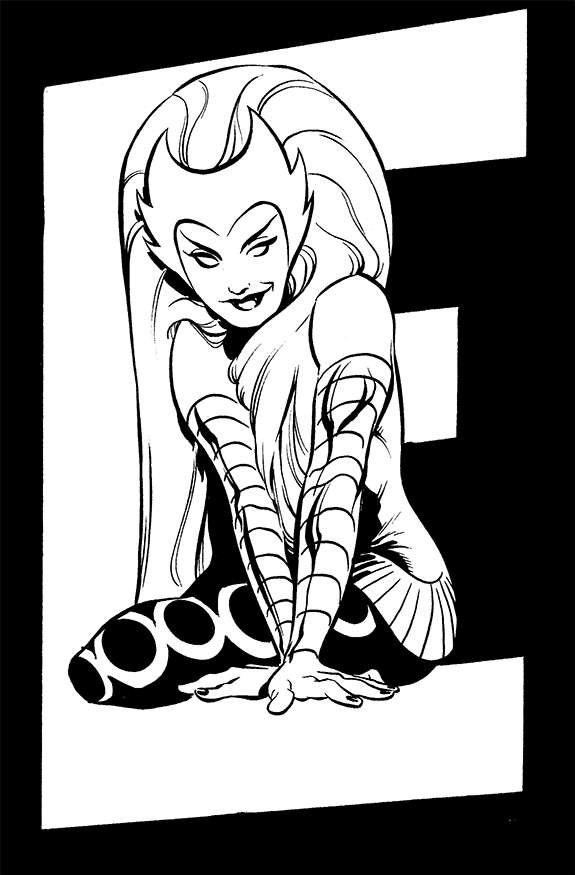 Black and white line drawing of a female character with pointed ears, long flowing hair, and tribal markings on her arms, in a crouching pose.