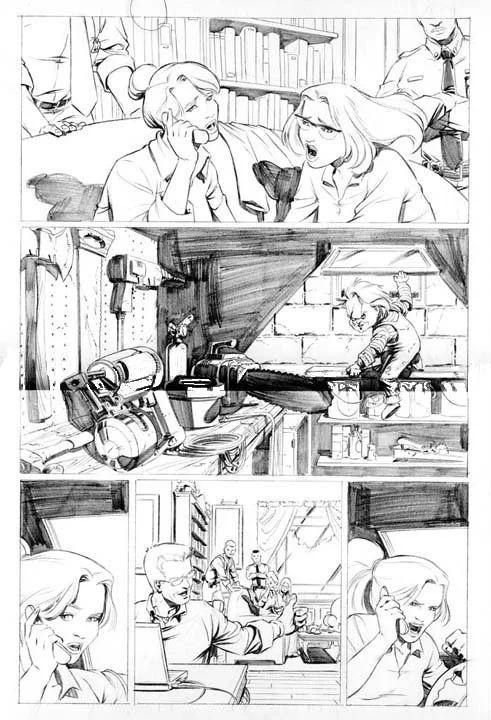 Black and white comic strip with six panels depicting a girl in a workshop talking on the phone, working on a rifle, and interacting with others in the shop.