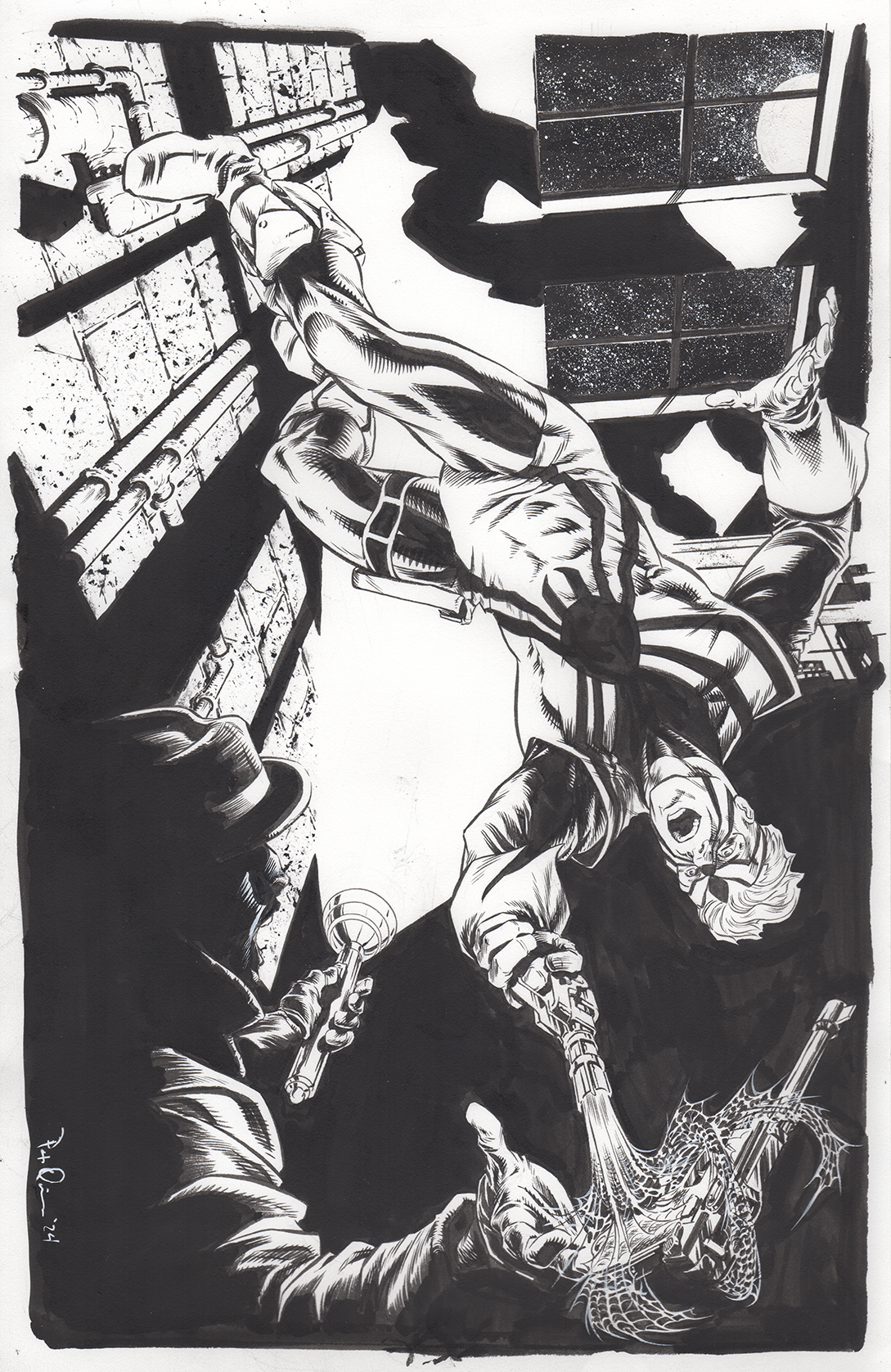 Black and white comic-style illustration of a man struggling with a spider, holding a web-shooting device, with a gun in his other hand, inside a room with large windows showing space outside.