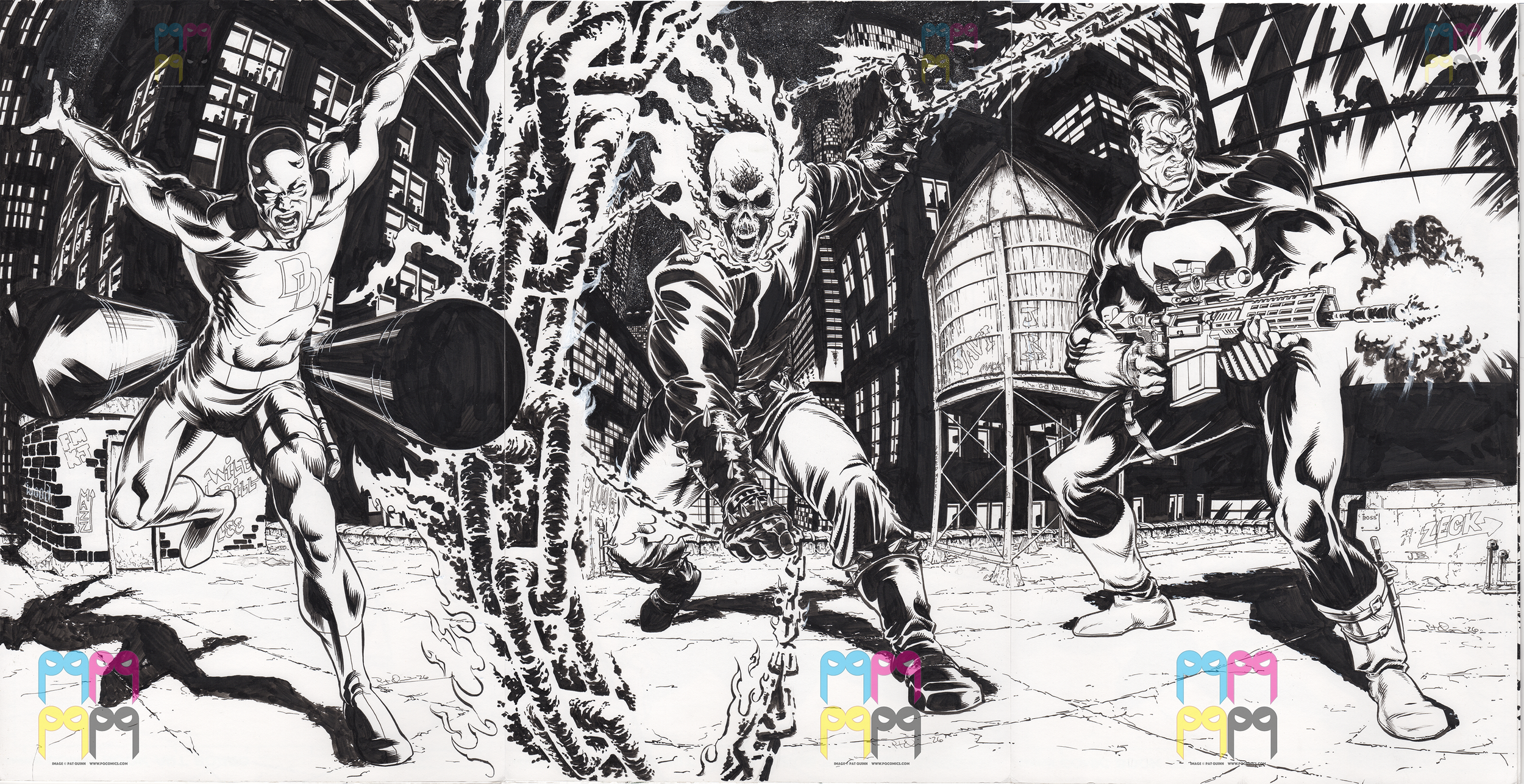 Black and white comic-style mural depicts three superheroes in a city street. The hero on the left has a muscular build, wearing a suit with a 'D' emblem on the chest, holding a large object, and appears to be charging forward. The middle hero has a 
