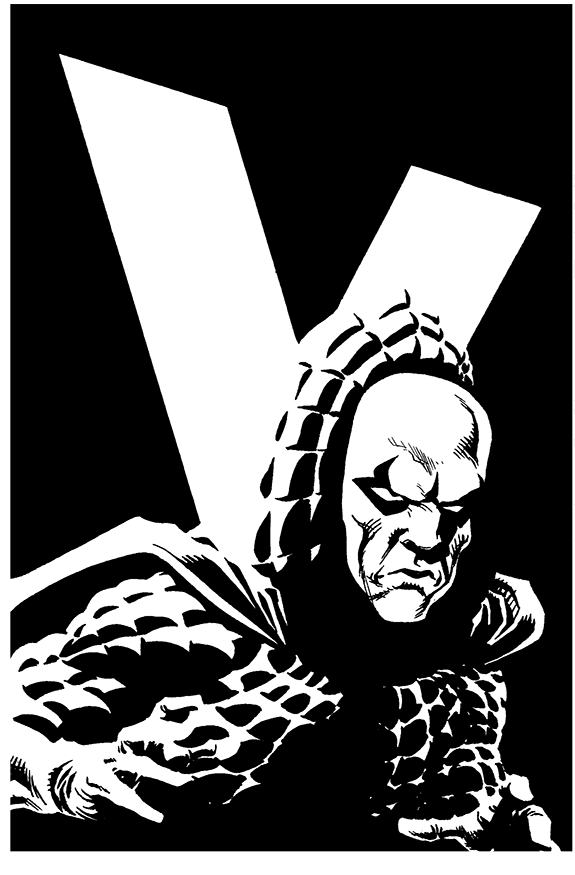 Black and white illustration of a Native American chief with a headdress, set against a large letter V in the background.