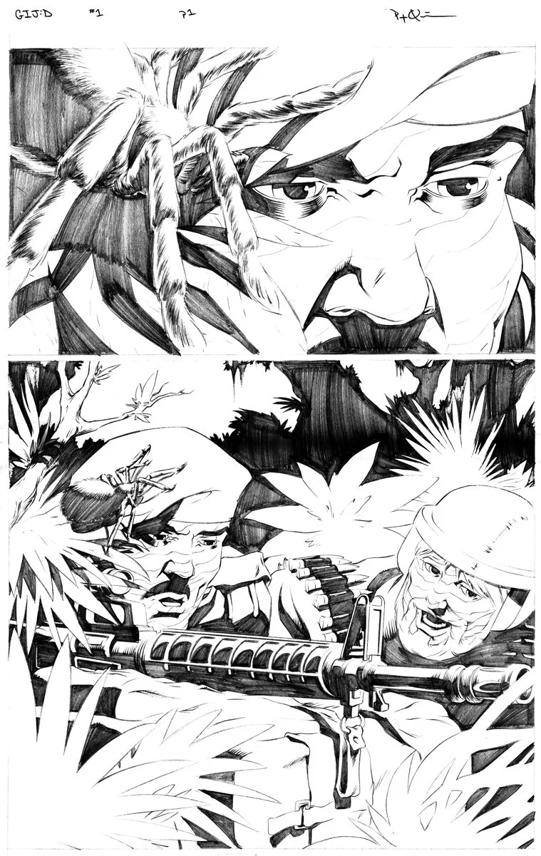Black and white ink drawing of a jungle scene with two men aiming a machine gun, surrounded by dense foliage and a large spider on a leaf. G.I.Joe comic book page from G.I Joe Declassified published by DDP - Devil's Due Publishing. Drawn by Pat Quinn