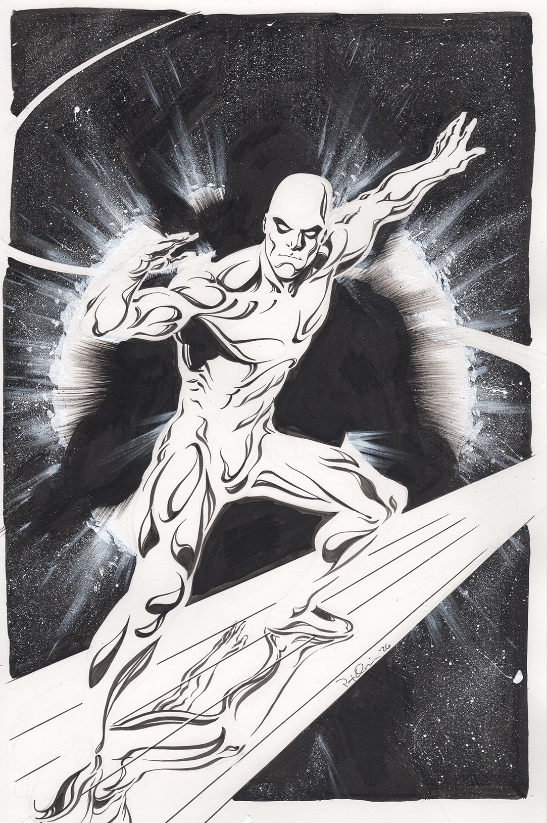 A black and white illustration of a muscular figure running in space, with a cosmic background including stars and a bright glow behind the figure.