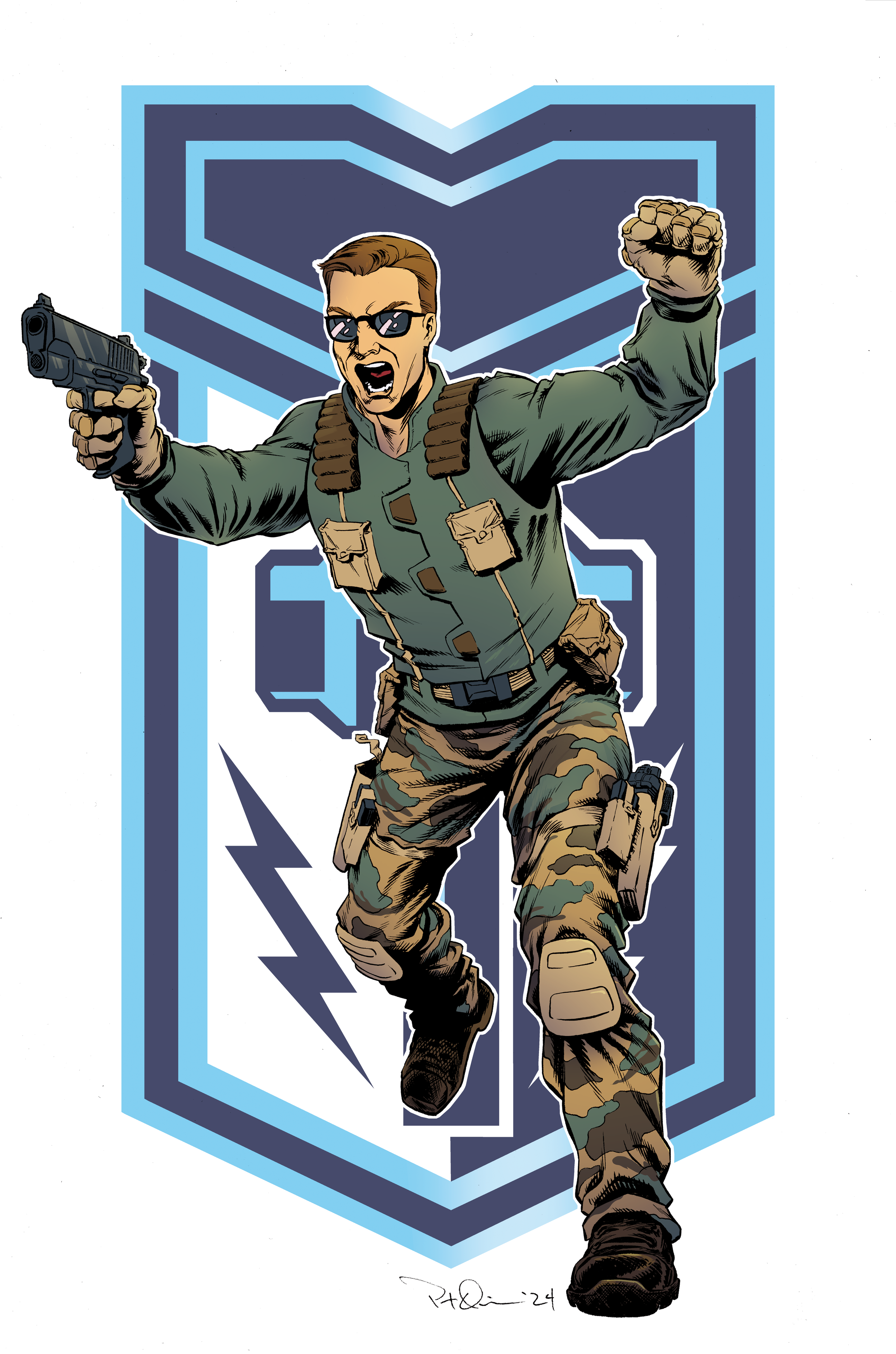 Comic-style illustration of a man in military attire aiming a gun and running, with a heart-shaped emblem behind him.