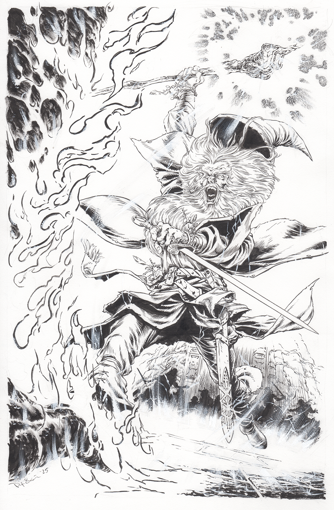 A fantasy black and white illustration of a fierce warrior with lion-like features, wielding a sword and casting a spell or attack. The background shows a mountainous landscape with a waterfall and turbulent skies.