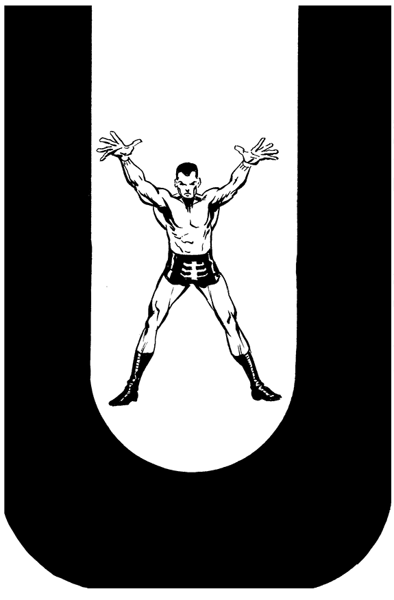 A black and white illustration of a muscular man in boxing shorts with his arms raised, inside a shield-shaped background.