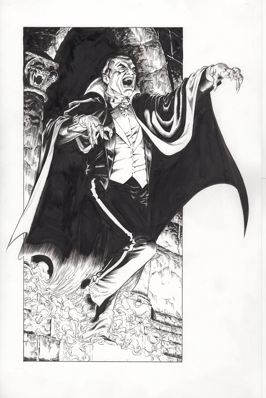 Black and white illustration of Dracula standing on a stone wall, with a cape spread out behind him, shouting or preparing to cast a spell, with a dramatic background of clouds and Gothic architecture.
