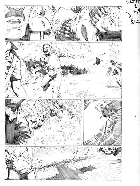 A comic page featuring soldiers and a group of people. In the first panel, a man appears unconscious with a head wound. The second panel shows a man running with a distressed expression amid other soldiers and civilians. The third panel depicts soldi