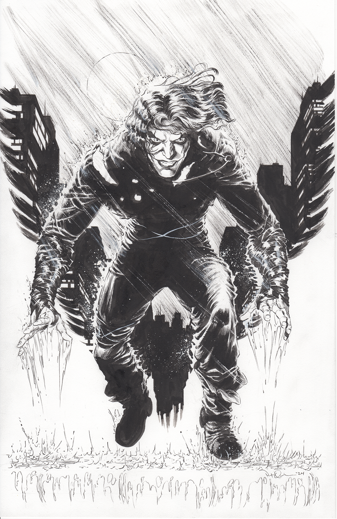 Black and white illustration of a superhero or villain figure with wild hair, crouching with arms extended forward, in a cityscape with tall buildings and rain.