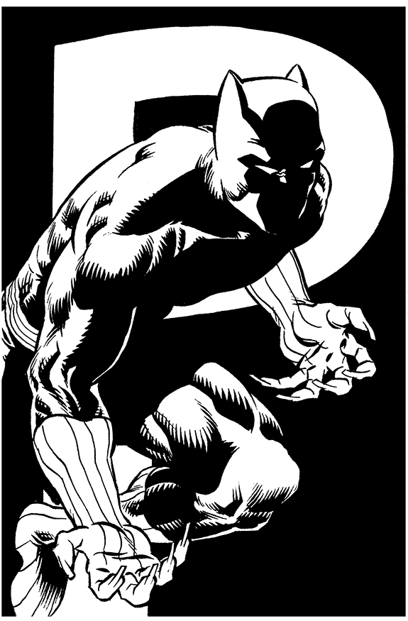 A black and white illustration of a muscular figure in a superhero-like costume with a mask, crouching and looking stern with a shadowed background.