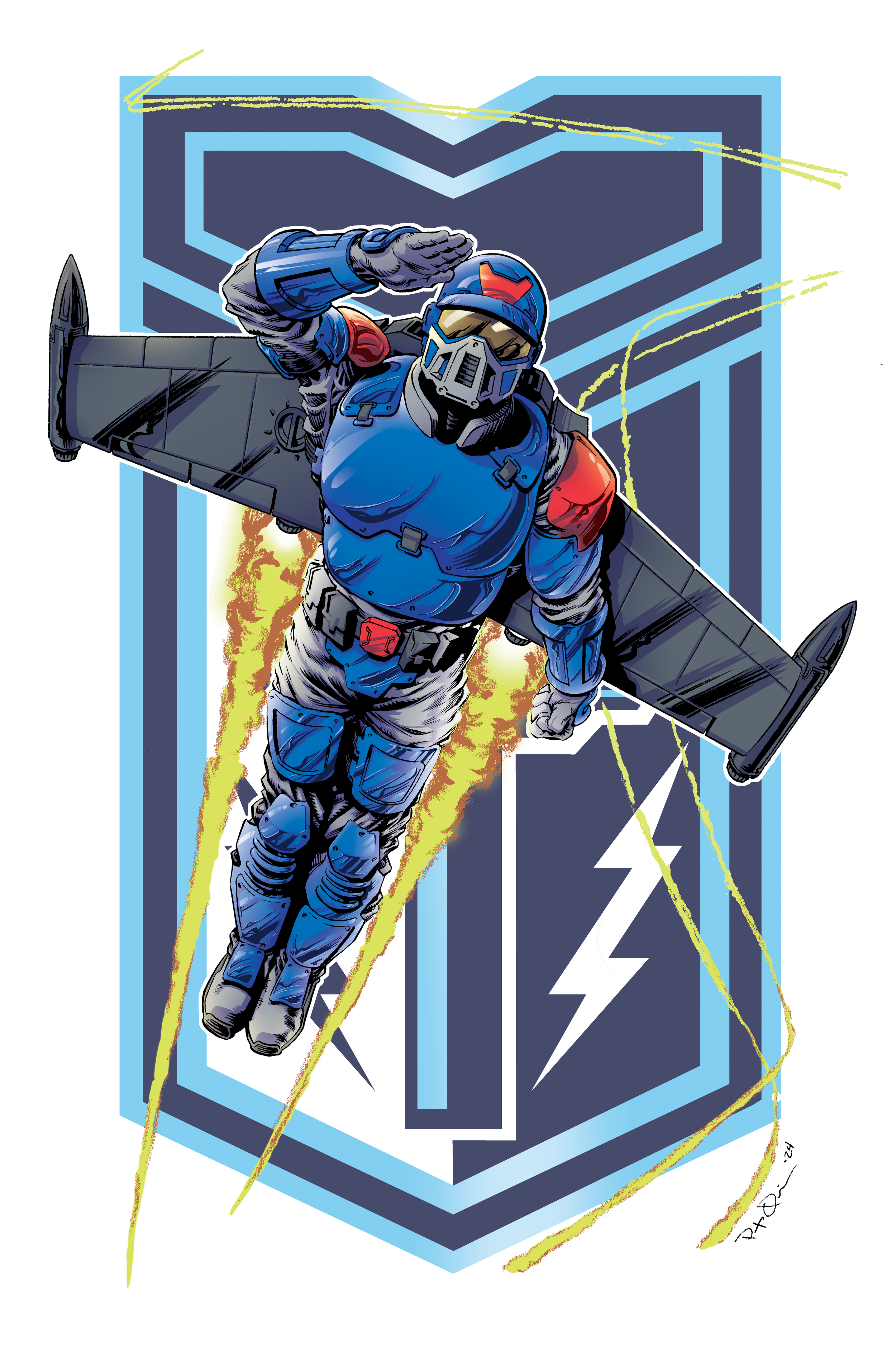 Digital illustration of a futuristic astronaut in a colorful suit, flying upward with a jetpack against a geometric, stylized background with lightning bolts.