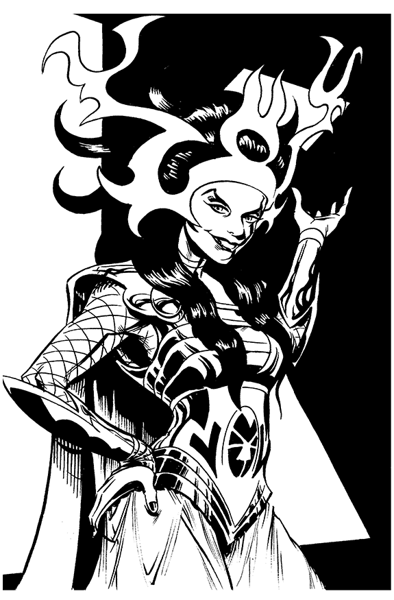 Black and white illustration of a female superhero with a confident expression, wearing a costume with a star emblem on her chest, a helmet with flames, and holding a sword.