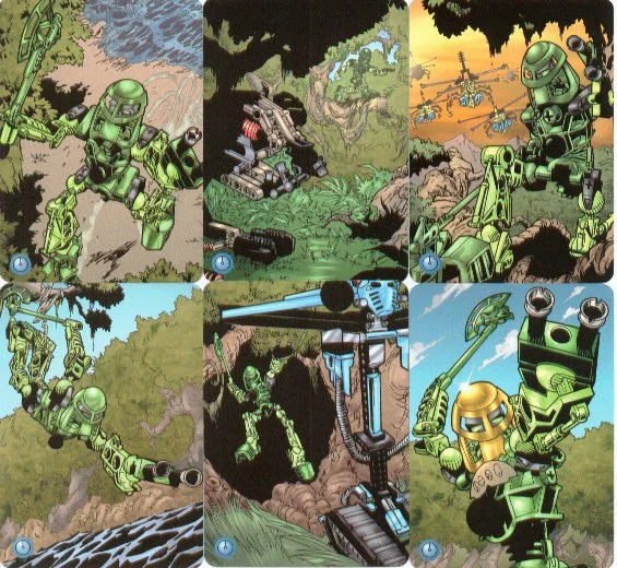 Collage of six illustrations featuring green and yellow robots with weapons in nature scenes with trees, rocks, and a river. Lego Bionicle.