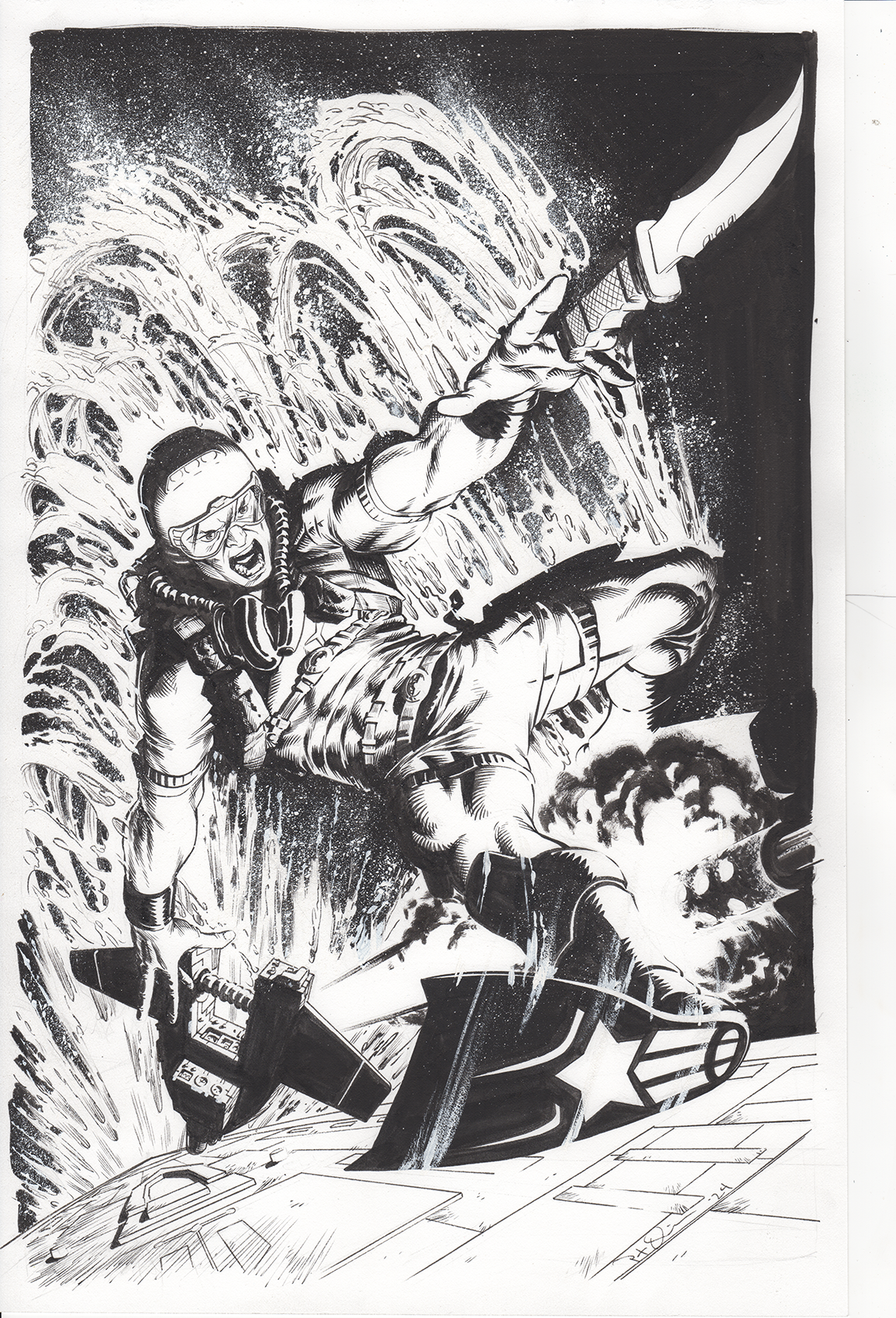 A black and white comic-style illustration of a soldier in military gear firing a weapon from a boat, with waves and a rocky shore in the background.