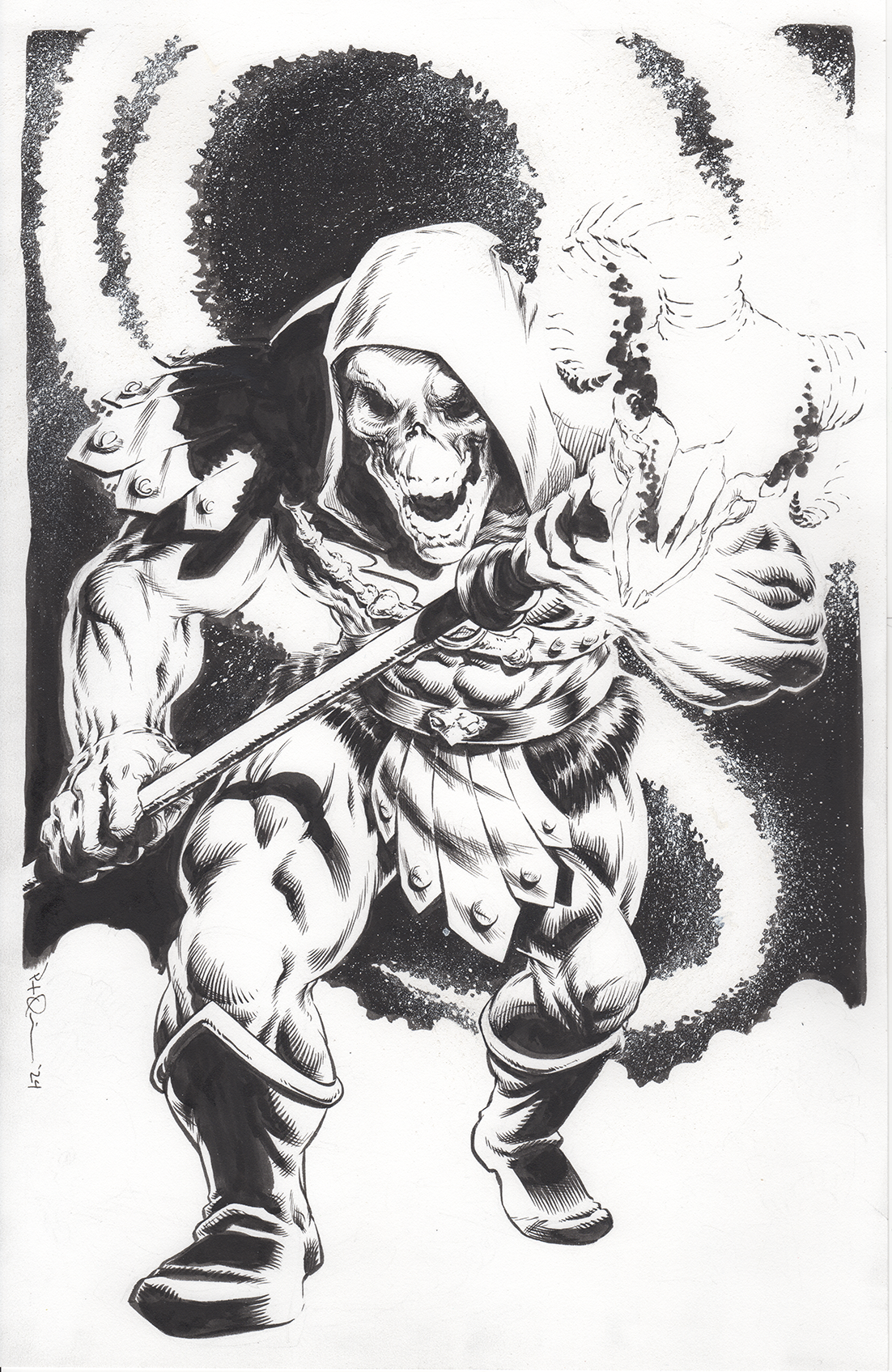 Black and white illustration of a muscular warrior with a skull face, wearing a hood, holding a spear, and surrounded by swirling dark energy.