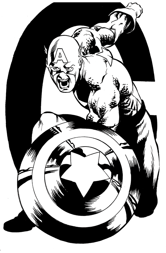 Black and white illustration of Captain America in a dynamic pose, with his shield prominently in front of him, wearing his classic costume with an 'A' on his helmet.