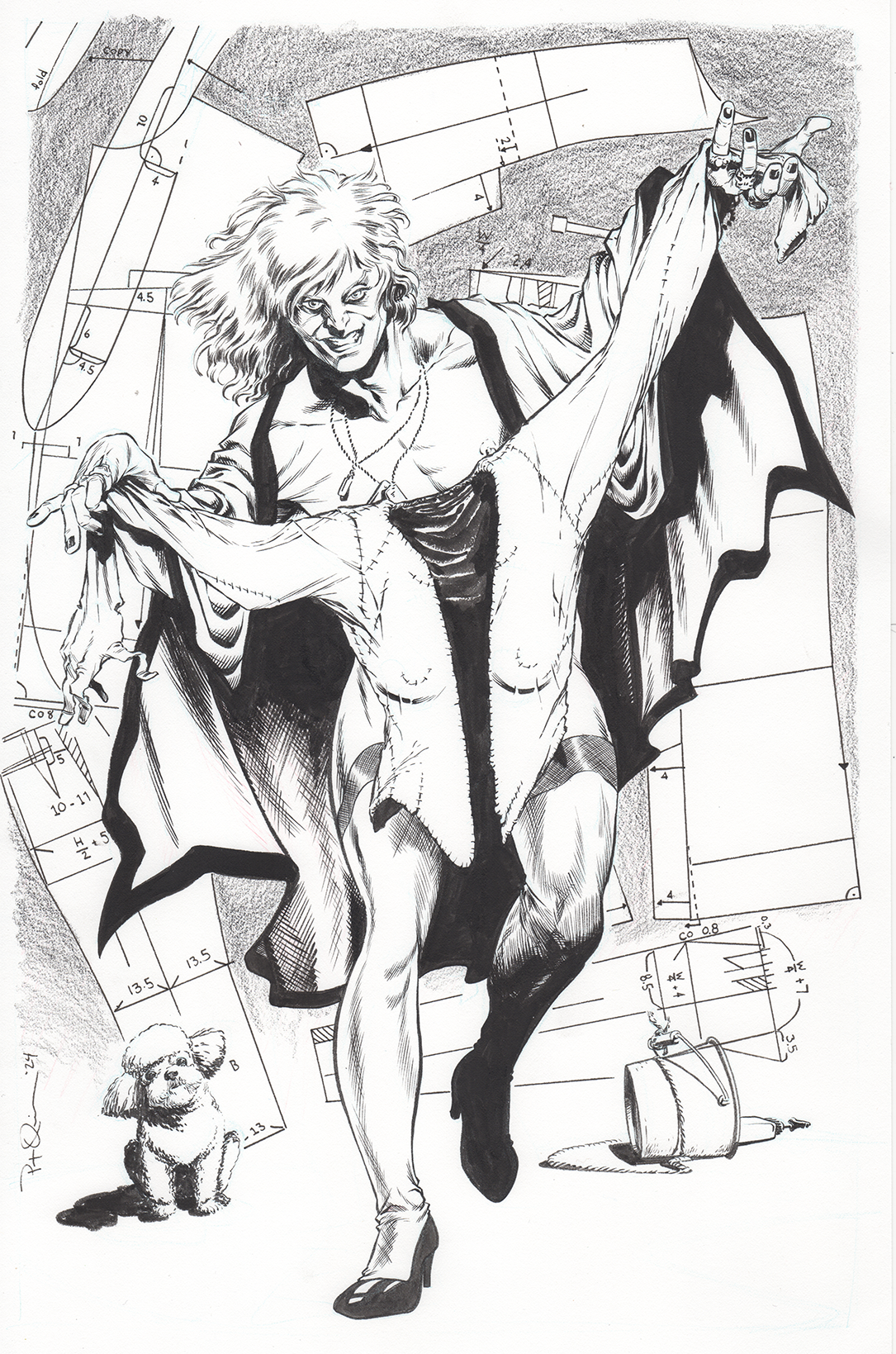 Black and white drawing of a woman with wild hair, dressed in a costume with a cape, striking a dramatic pose with one leg raised and extending her arms. There are technical sketches and measurements in the background, along with a small dog sitting 