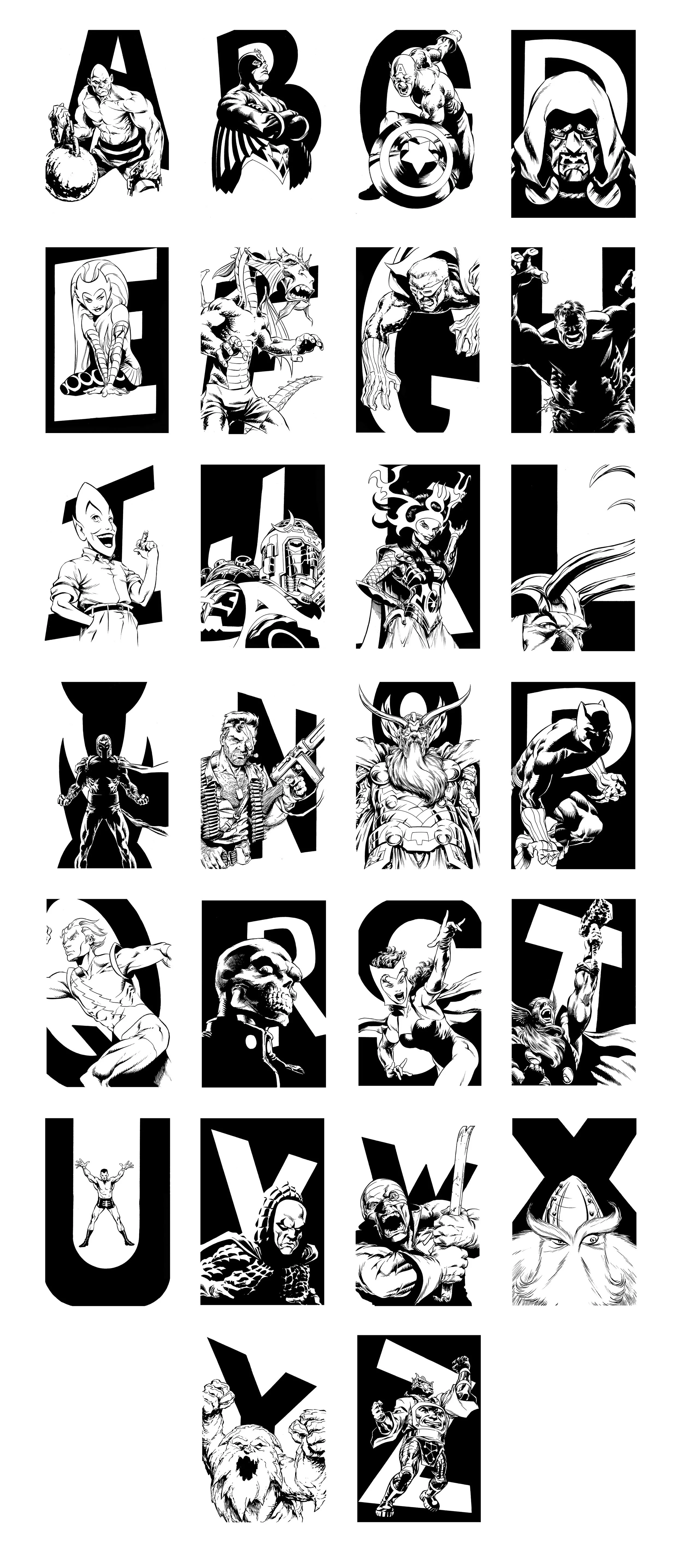 Black and white comic book style illustrations of superhero and villain characters arranged as alphabet letters with characters representing each letter from A to Z.
