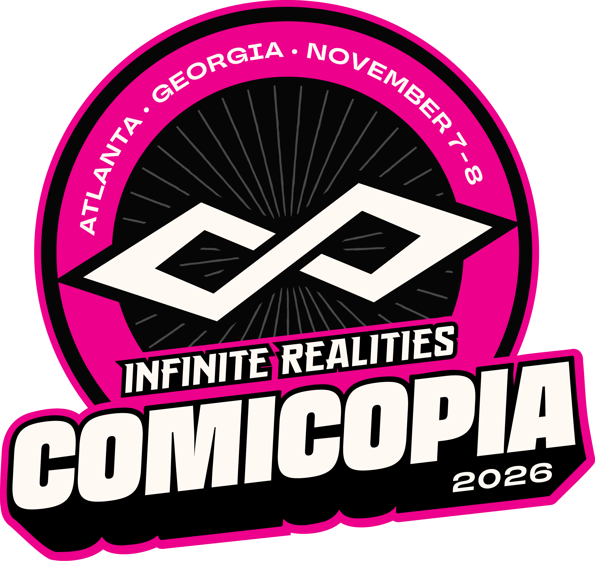Design for Atlanta Georgia November 7-8 Infinite Realities Comic Convention, features a stylized mountain with a sunburst pattern behind it, surrounded by a pink circular border with text.