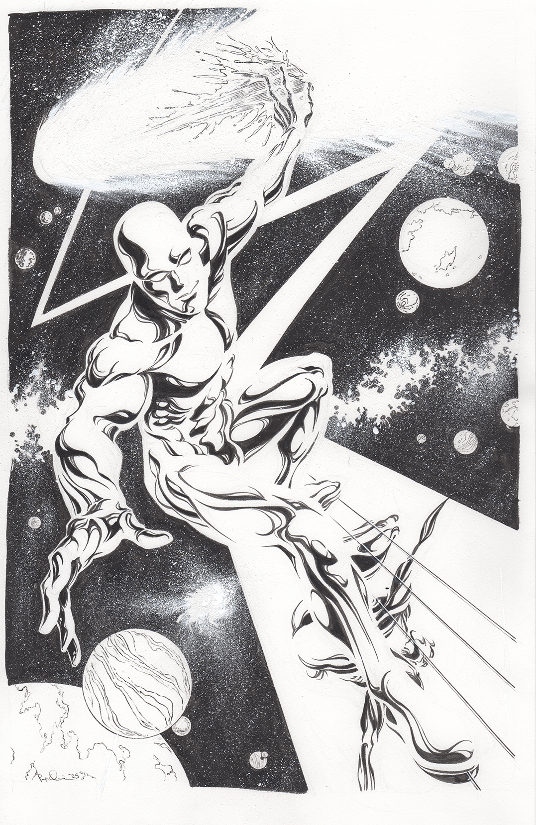 Black and white abstract artwork of a human figure with flowing hair and limbs, set against a cosmic background of planets and stars.