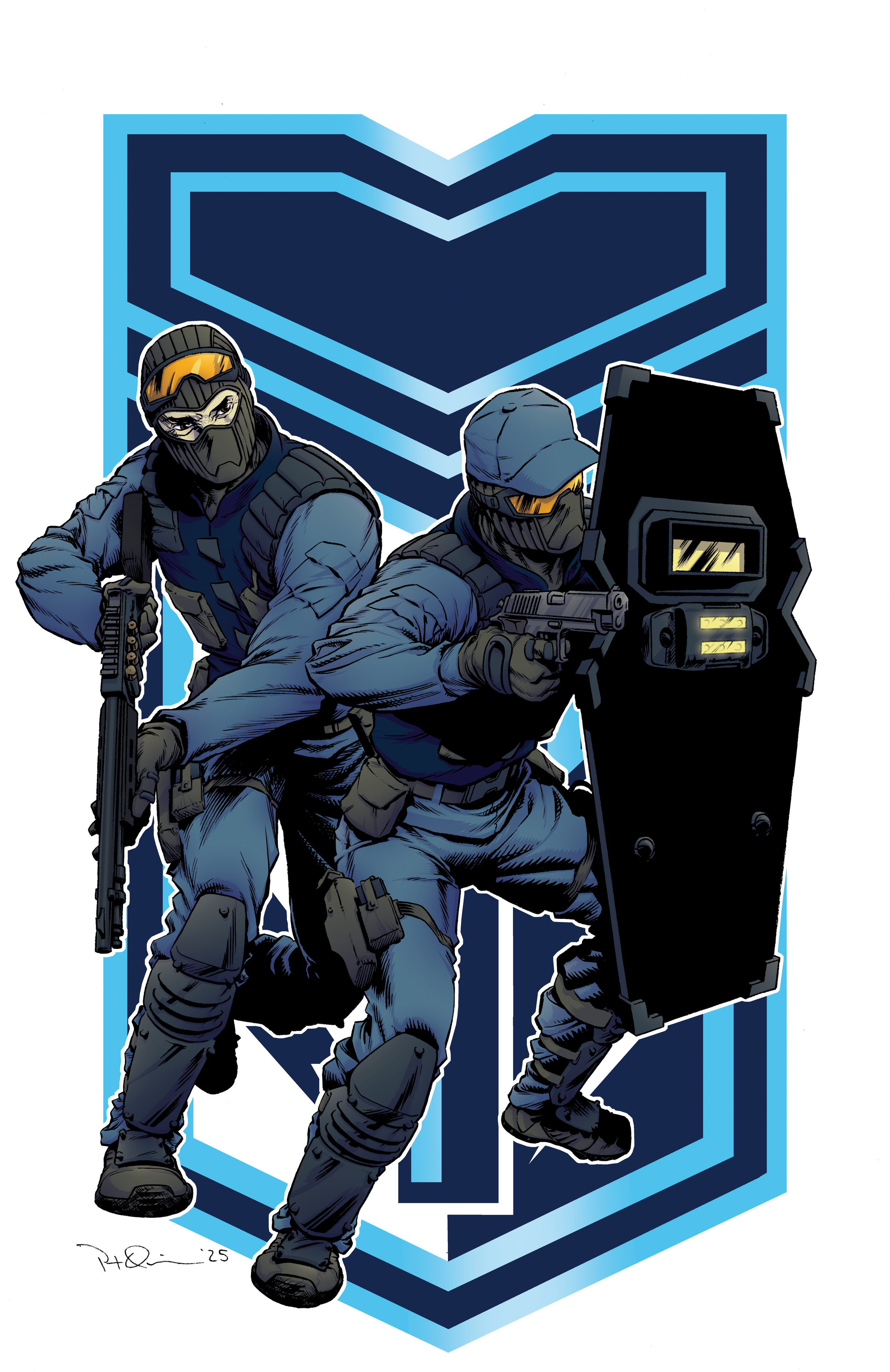 Illustration of two tactical soldiers in black and grey gear with helmets and goggles, holding firearms, in front of a large blue and black geometric shield logo.