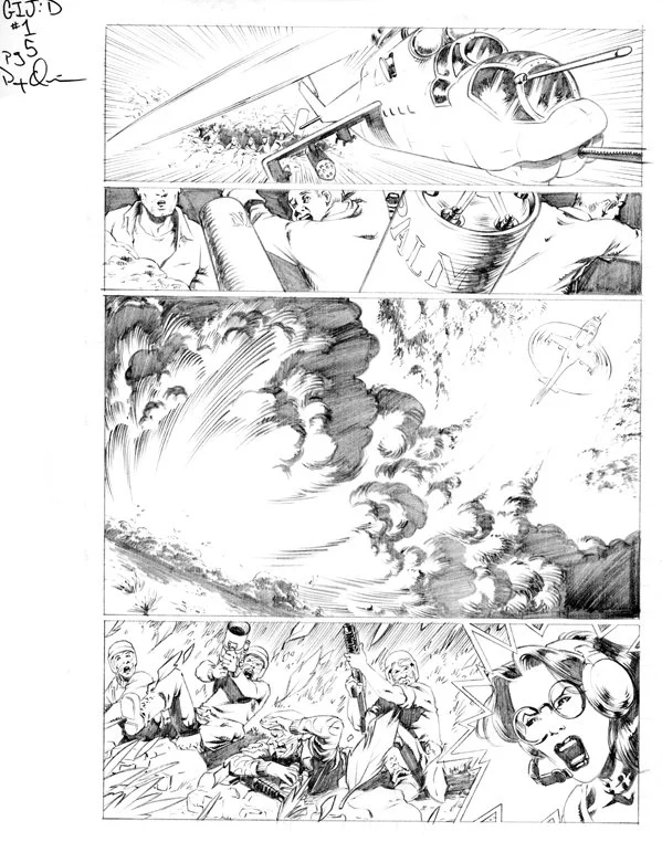 Black and white comic book page depicting a World War II battle scene, with a fighter plane in the sky, explosions, soldiers on the ground, and a woman shouting in alarm.