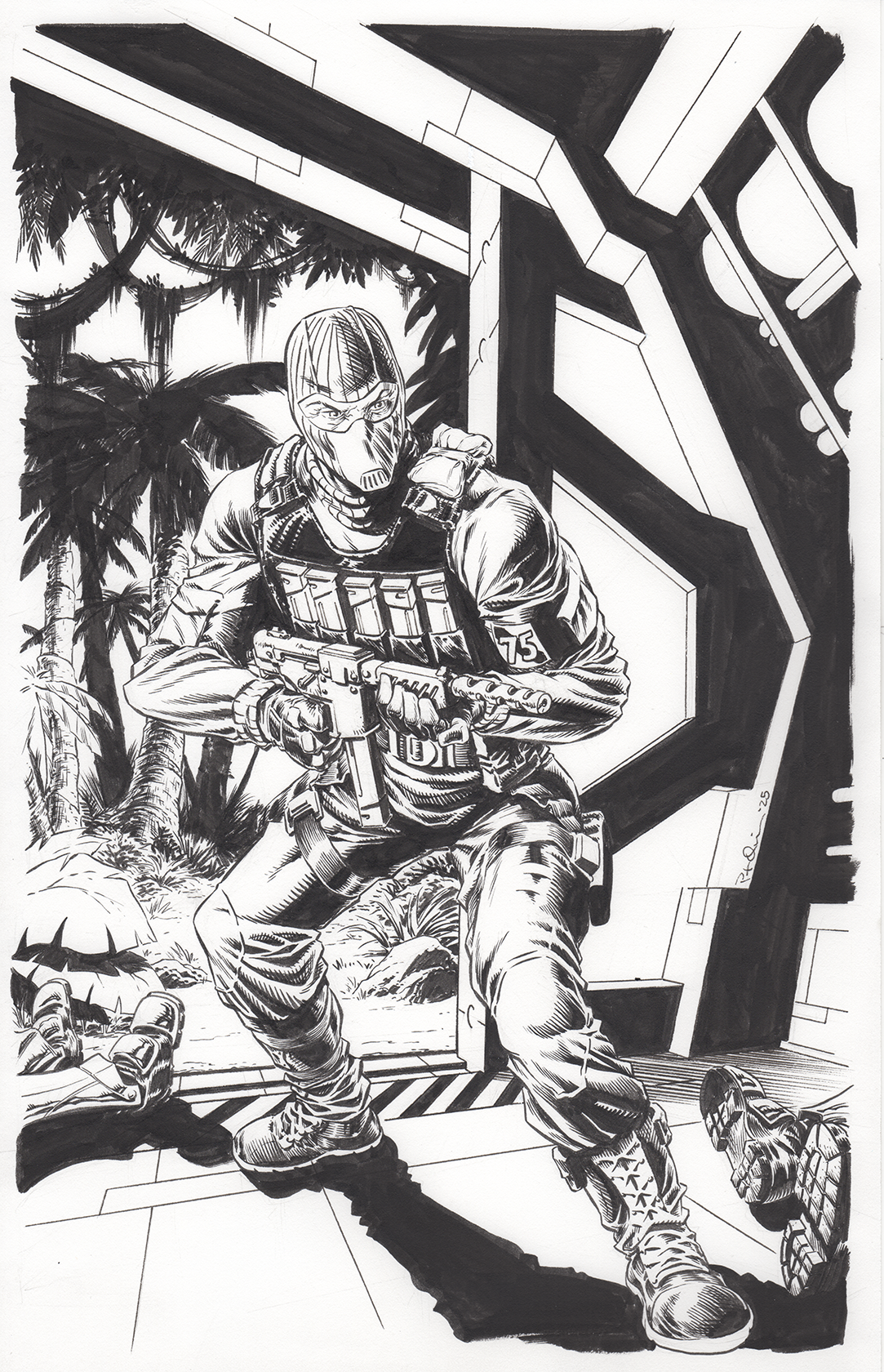 Black and white illustration of a soldier in tactical gear, holding a rifle, emerging from a doorway on a military base, with jungle foliage in the background.