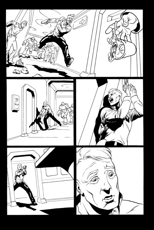 Black and white comic book panel depicting a chaotic scene with a man running and dodging objects, another man on the floor holding a gun with a woman behind him, and an elderly woman frightened in a corridor.