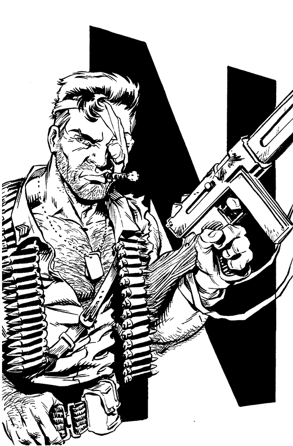 Black and white drawing of an intense soldier holding a gun, with a cigar, wearing a bandolier of ammunition across his chest.