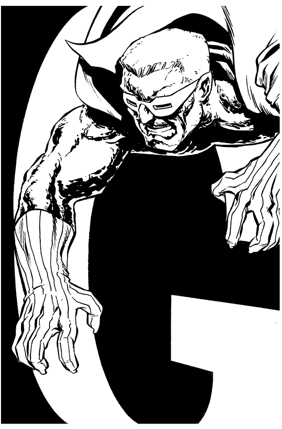 A black and white comic-style drawing of a muscular superhero with glasses, a cape, and a serious expression, leaning forward with clenched fists, positioned over a large letter G.